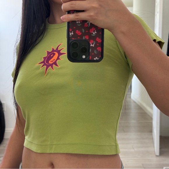 UNIF Lime Green Cropped Tee with Sun Heart Graphic - Picture 2 of 7